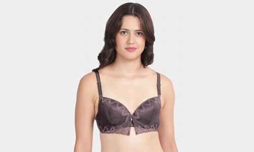 A woman models a stylish dark lace padded pushup bra, showcasing its elegant design and flattering fit.