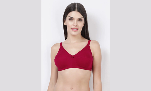 A Women wearing Red wirefree bra, offering full coverage and no sag with an M frame design.