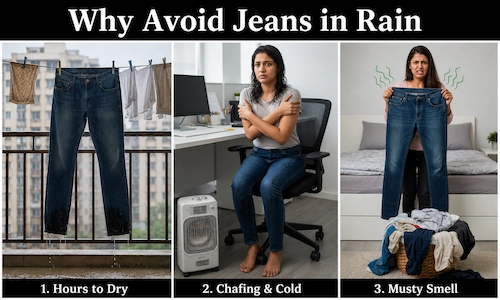 Why avoid jeans in rainy weather